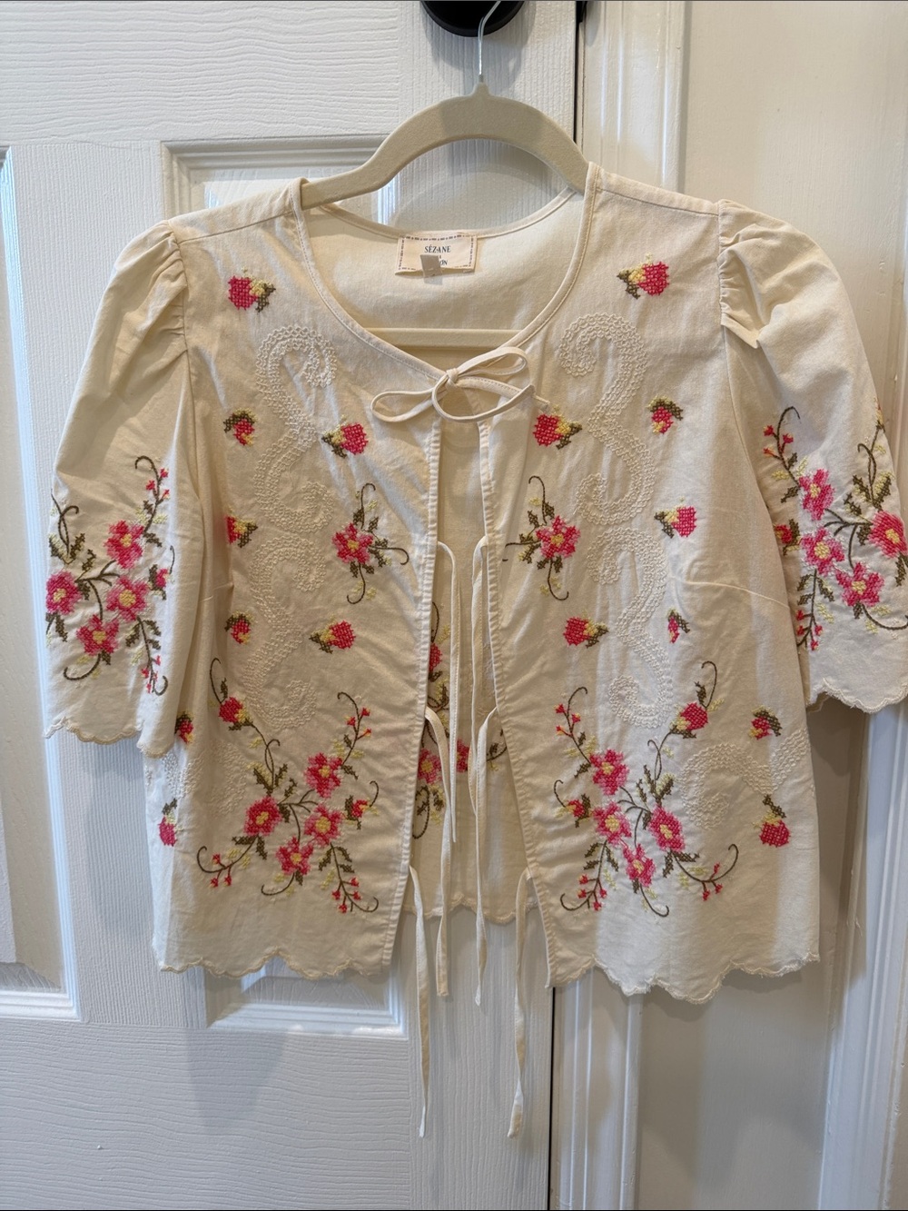 Sezane Cream Embroidered Tie-Front Floral Blouse